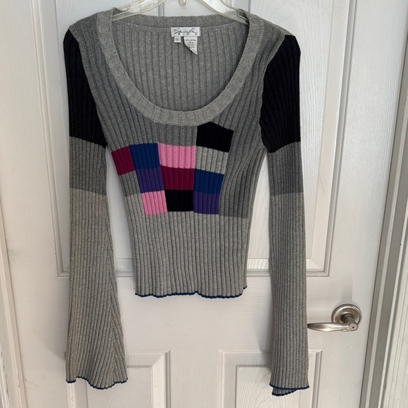 VTG SPIEGEL Gray Ribbed Sweater with Colorful Patchwork Bell Bottom Sleeves SZ L - Picture 1 of 4